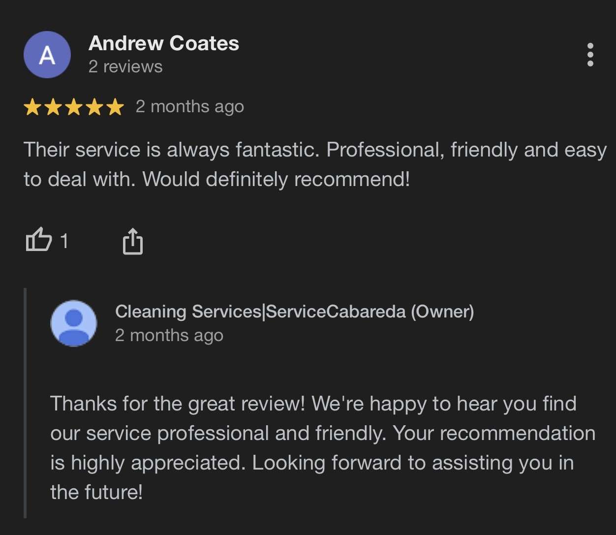 Review done in google by Andrew